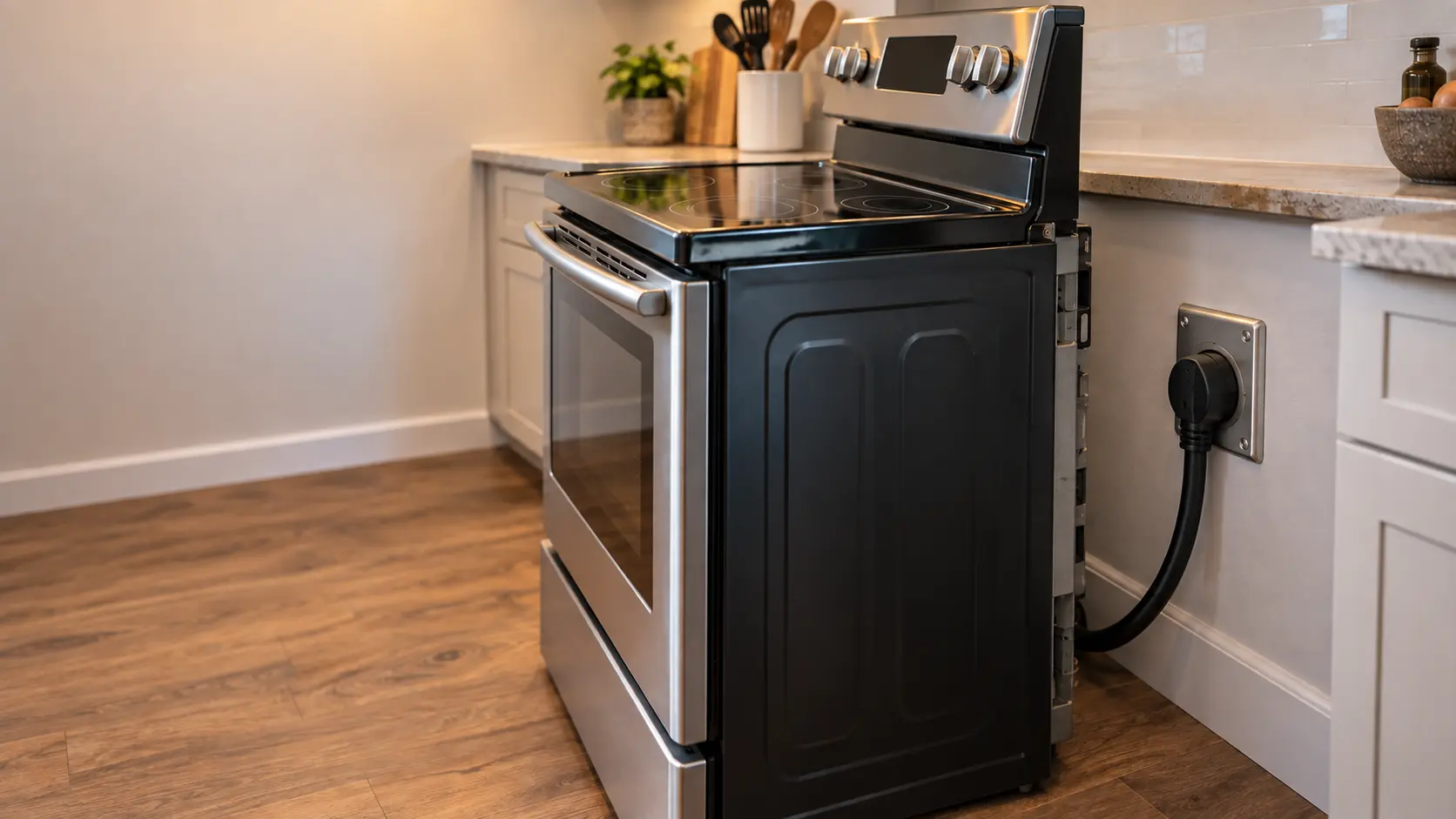 Close on a four-prong stove cord plugged into a matching wall outlet behind a pulled-out stove.