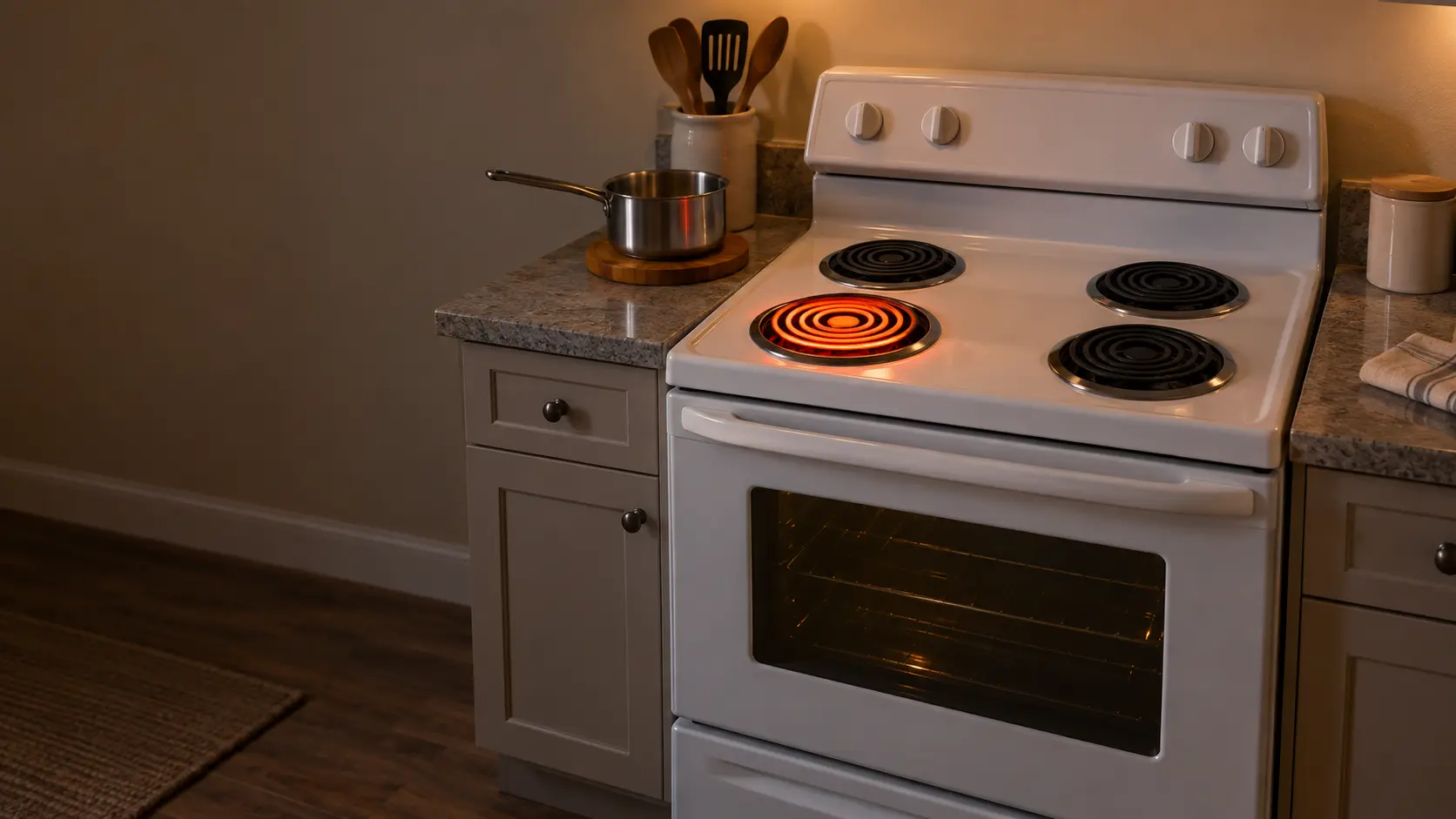 An electric coil stove in a lived-in US home kitchen, one front coil glowing orange while the other three sit dark, a saucepan moved aside onto a wooden trivet on the counter, and the knobs in a row along the back panel.