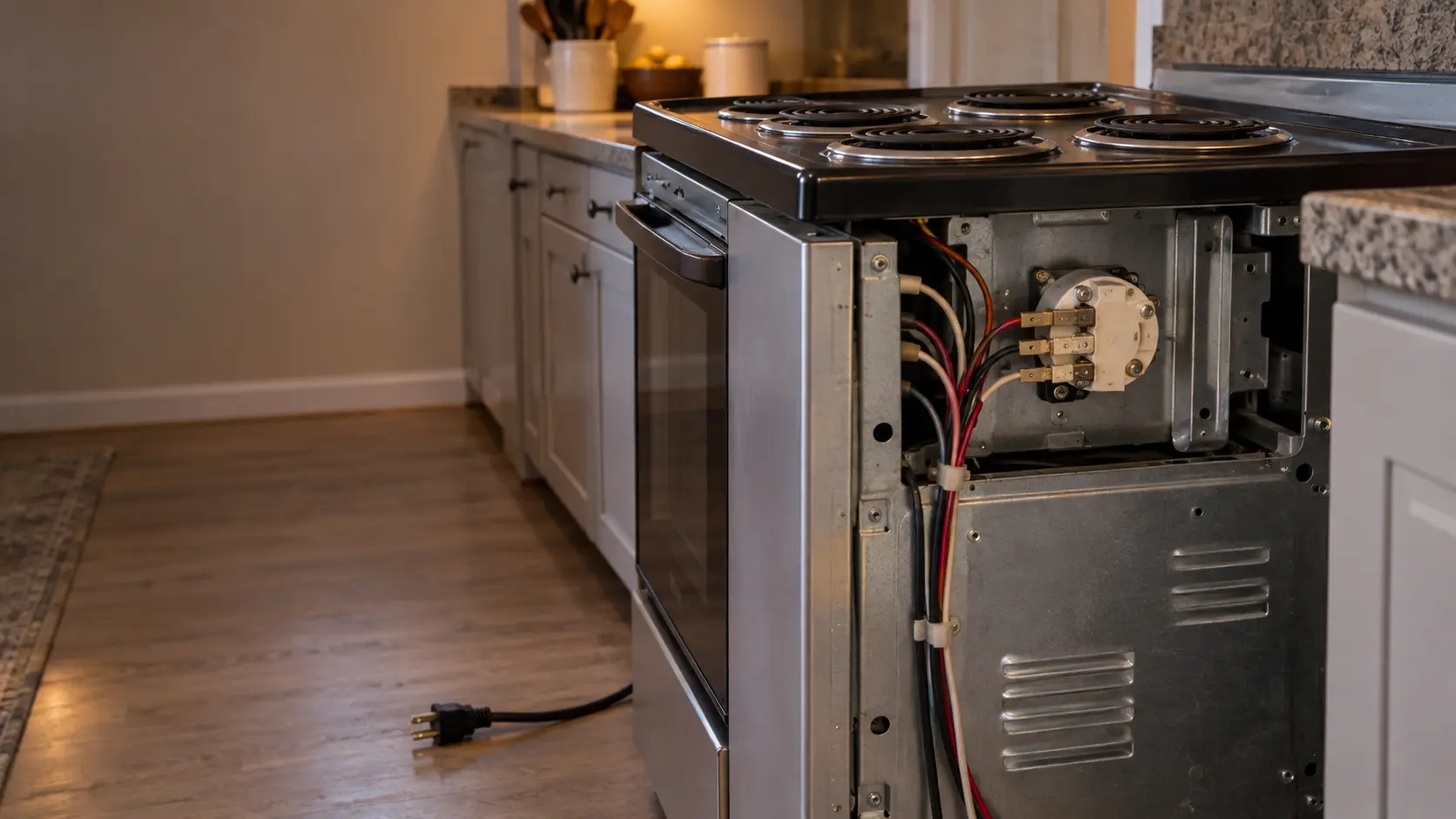 Close on the back of a coil burner's switch on a stove with its back panel off, the stove unplugged.