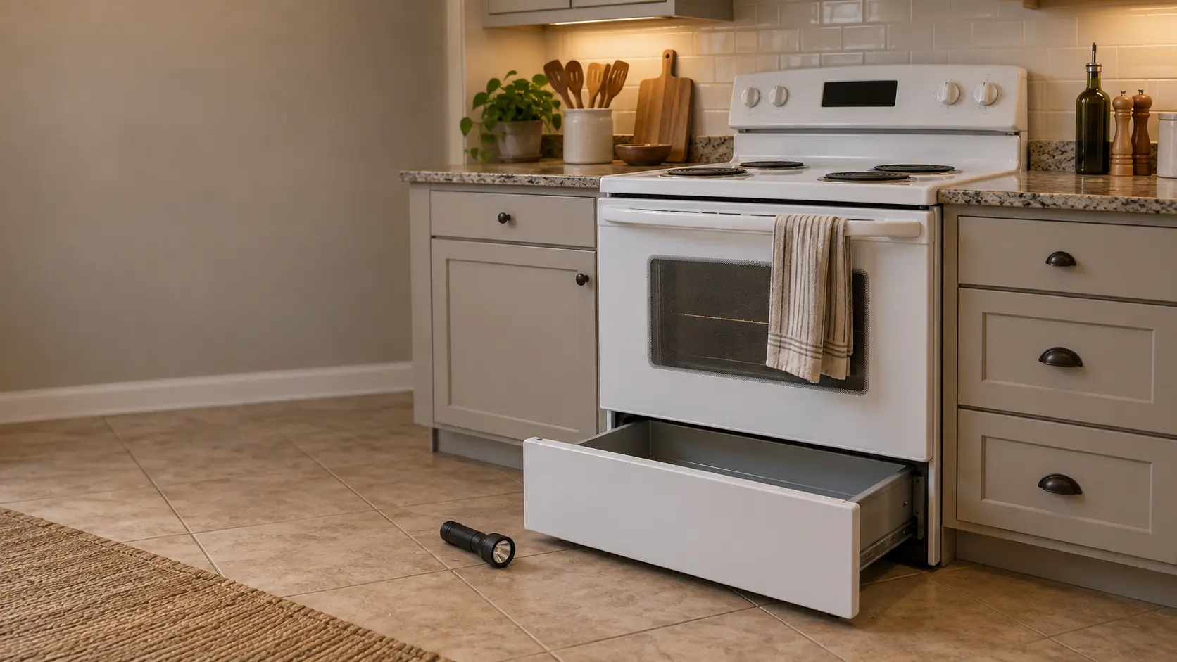 A freestanding white electric stove in a lived-in US home kitchen, its bottom storage drawer pulled fully open and a flashlight resting on the floor tile beside it, a dark control panel above and a dish towel hanging from the oven handle.