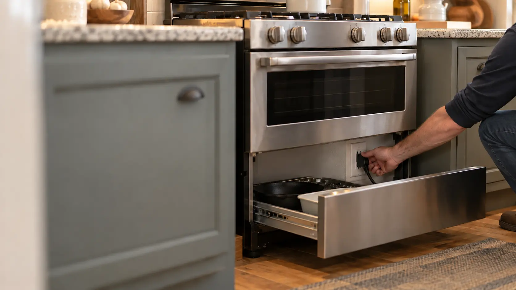Close on a hand checking that a stove's power cord is pushed fully into its wall outlet behind the pulled-out drawer.