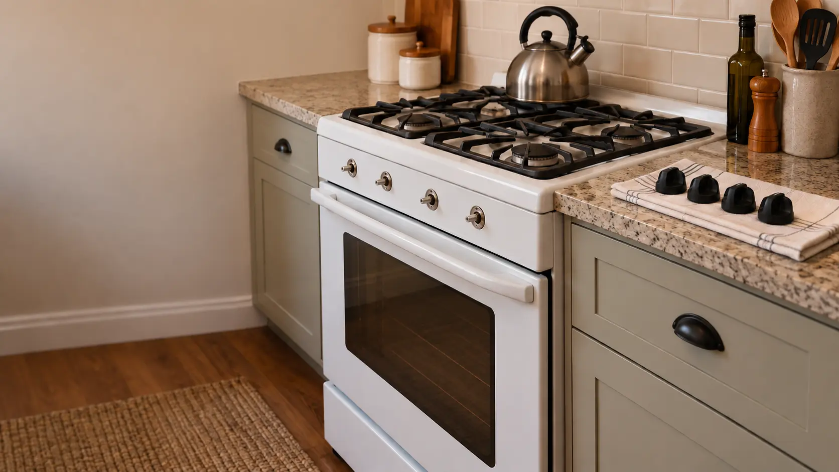 A white gas stove in a lived-in US home kitchen with its four black knobs pulled off and lined up on a folded dish towel on the counter, the bare knob shafts visible along the front, grates in place and a kettle on the back burner.