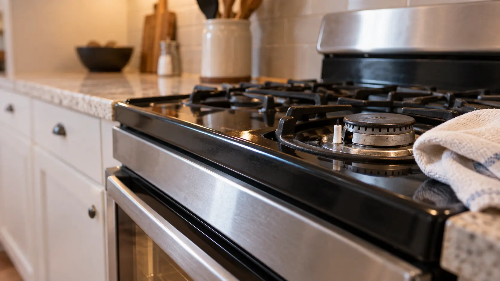 Close on a small white ceramic igniter beside a gas stove burner base, a dry cloth next to it.