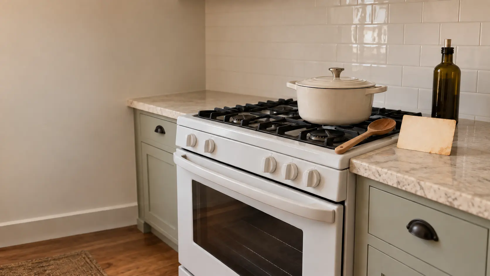 A family recipe card, a wooden spoon and a pot on a white gas stove, the flame off.