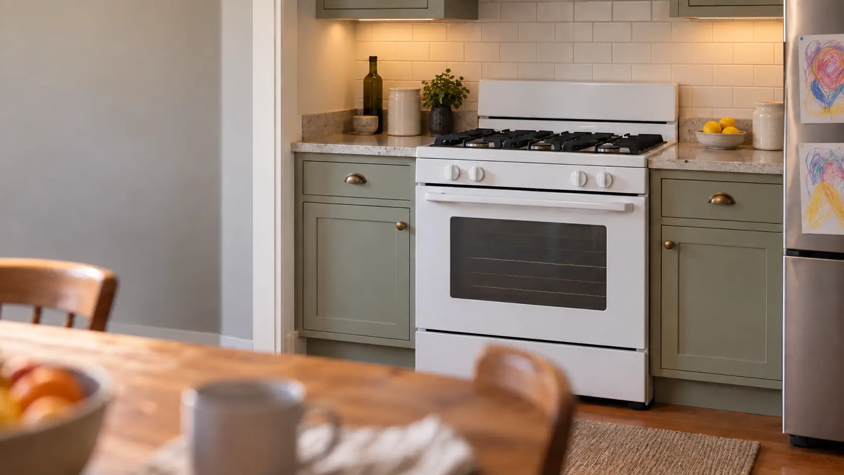 A bright family kitchen with a white gas stove, children's drawings on the fridge door at the edge of the frame, seen from the table.