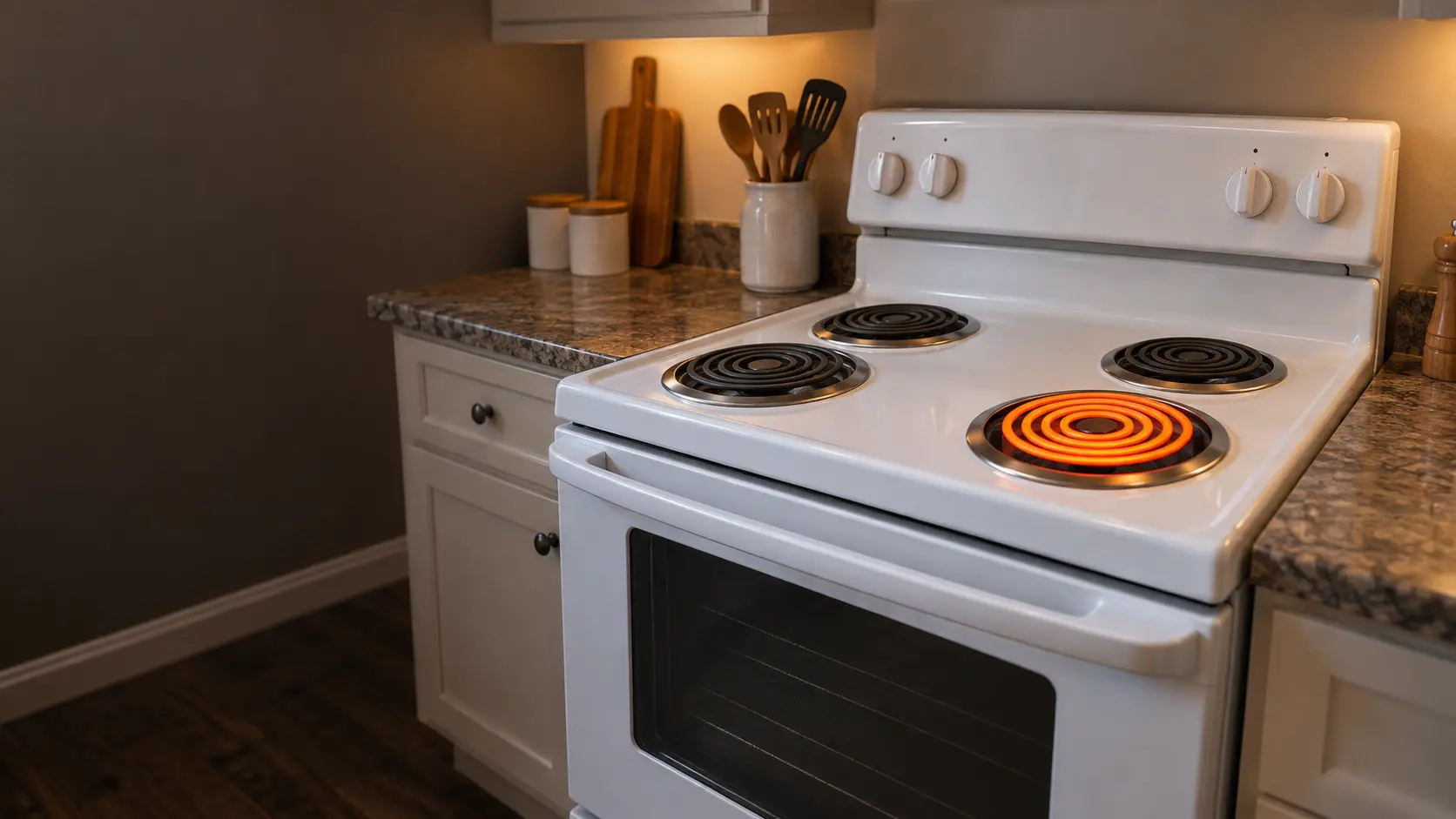 A coil burner on a white electric stove glowing bright orange with no pan on it, the knob turned to off.