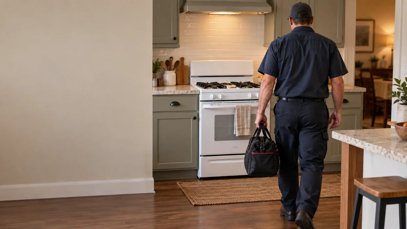 A technician arriving in a lived-in kitchen with a tool bag, a white stove ahead, seen from behind.