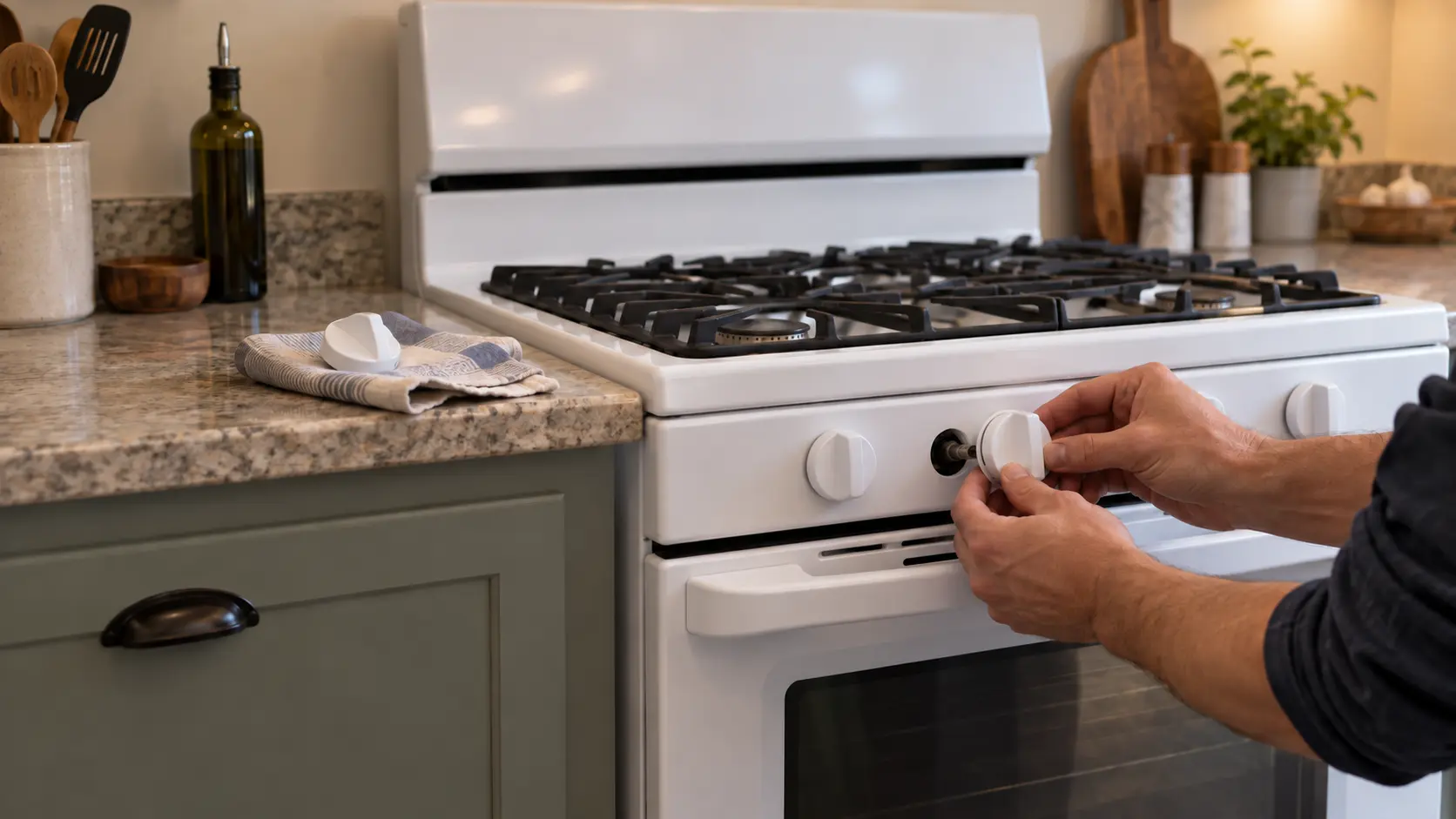 A technician's hands replacing a stove knob with a new one on a white gas stove, the old knob lying on a cloth.