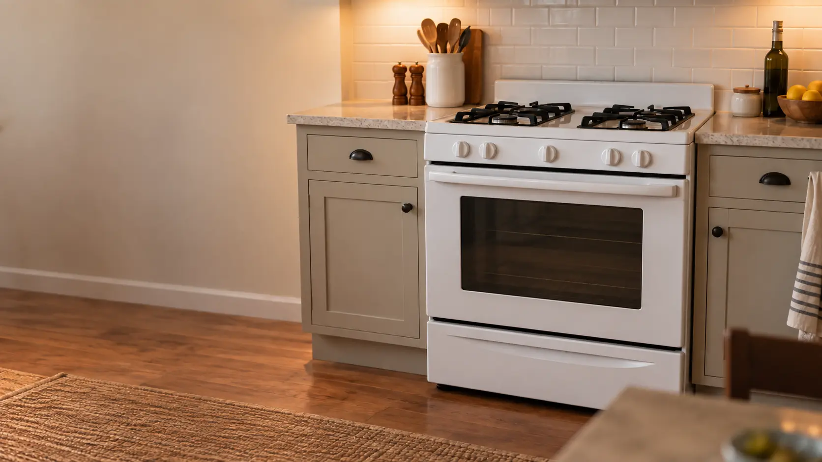 A white freestanding gas stove with cast-iron grates in a family kitchen, clean and off.