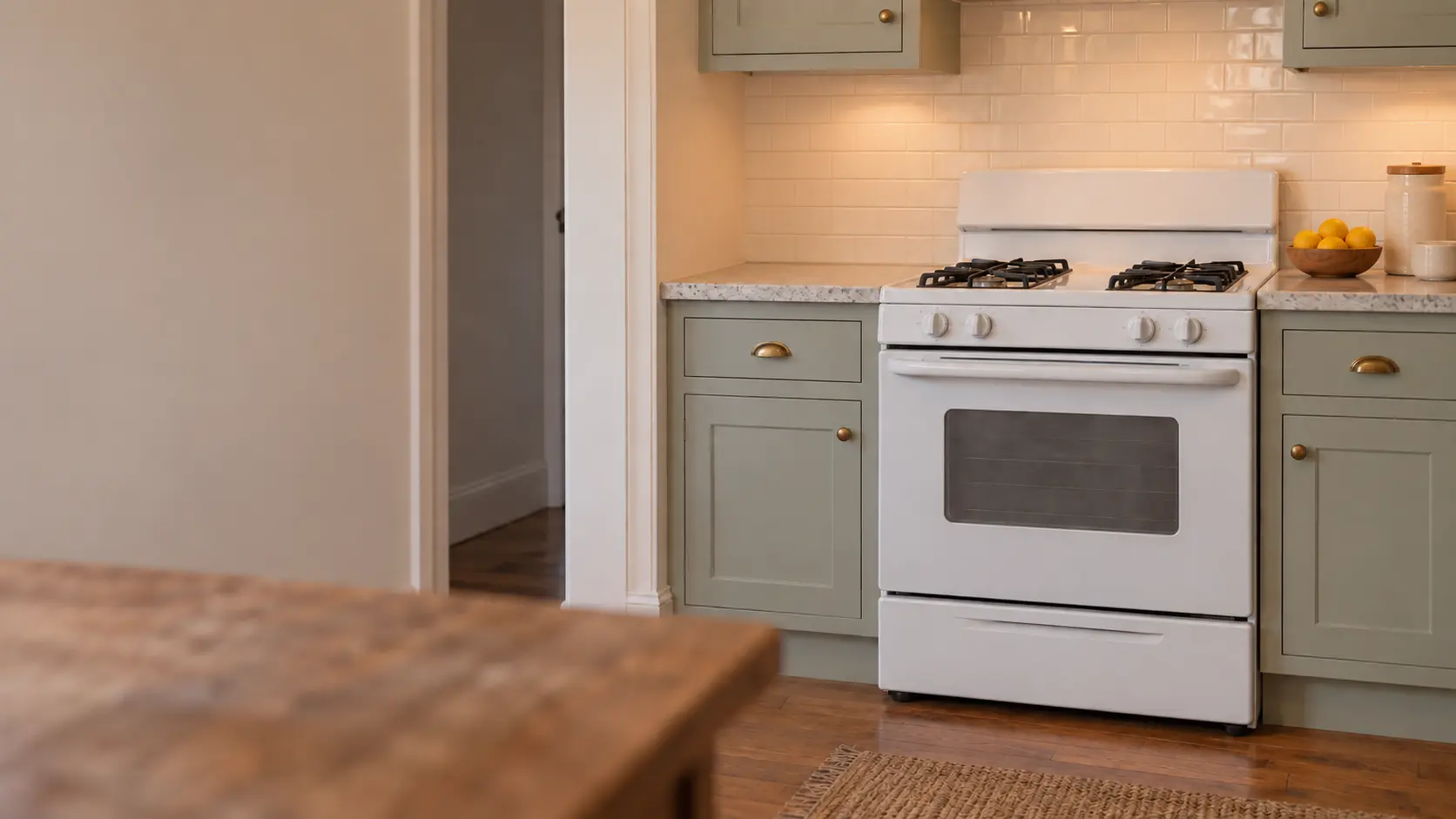 A stove in a Bay Area Victorian flat kitchen with a white gas stove in a narrow painted kitchen, seen from the kitchen table.