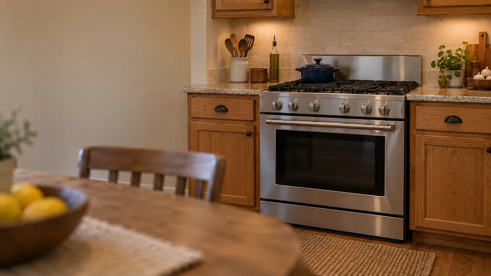 A stove in a Houston ranch house kitchen with a stainless gas stove, oak cabinets and a big family table, seen from the kitchen table.