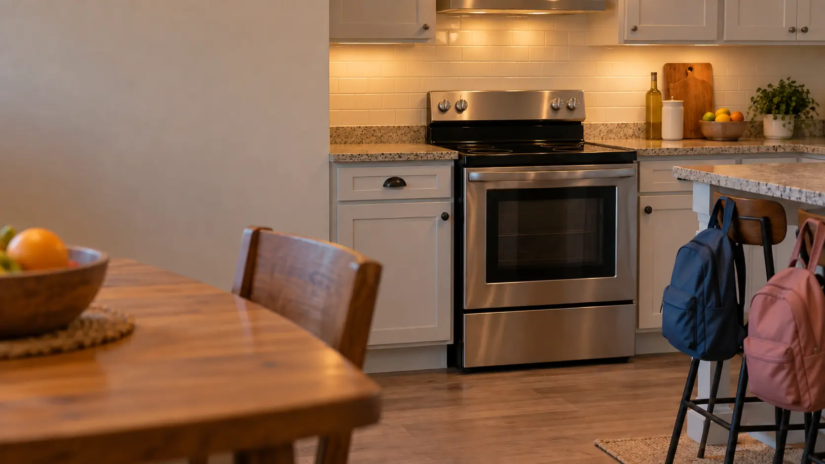 A stove in a Central Florida family kitchen with a stainless electric stove, a breakfast bar and kids' backpacks on the stools, seen from the kitchen table.